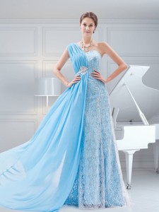Suitable Empire Brush Train Baby Blue One Shoulder Beading Pageant Dress