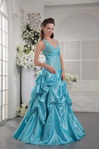 Aqua Blue Princess Halter Floor-length Taffeta Appliques Prom / Graduation Dress
