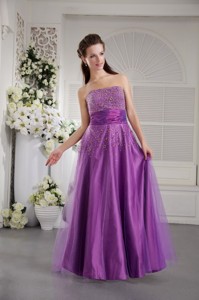 Eggplant Purple Princess Strapless Floor-length Tulle and Taffeta Beading Prom / Graduation Dress