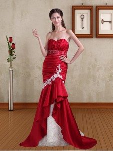 Sexy Mermaid Appliques And Beading Brush Train Red Pageant Dress