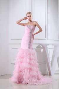 Baby Pink Brush Train Sweetheart Beaded Pageant Dress With Ruffle