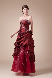 Wine Red Strapless Embroidery Long Pageant Dress