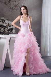 Beautiful Ruffles Halter Pink High-low Column Pageant Dress