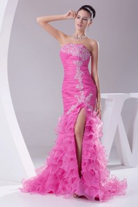 Mermaid Hot Pink Appliques Ruching Ruffled Layers Pageant Dress