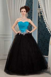 Inexpensive Blue And Black Pageant Dress Sweetheart Beading Floor-length Organza And Tulle