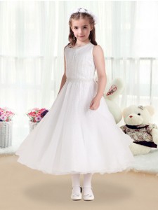 Romantic Scoop White Flower Girl Dress With Beading