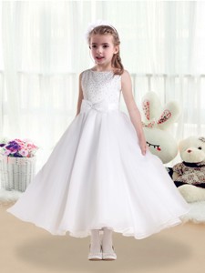 Pretty Scoop White Flower Girl Dress With Beading And Bowknot