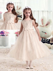 New Style Bateau Champagne Flower Girl Dress With Appliques