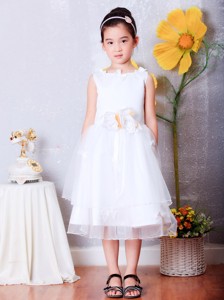 White Scoop Tea-length Organza Hand Made Flowers Flower Girl Dress