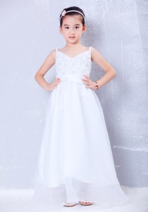 White V-neck Floor-length Taffeta And Organza Beading Flower Girl Dress