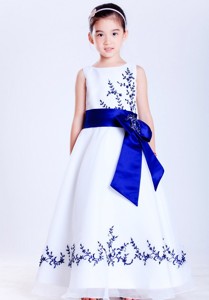 White And Blue Scoop Ankle-length Satin And Organza Embroidery Flower Girl Dress