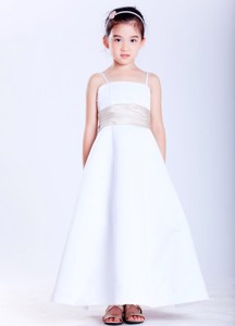 White Straps Ankle-length Satin Beading Flower Girl Dress