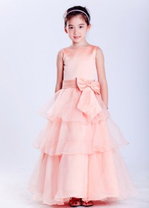 Watermelon Red Scoop Ankle-length Taffeta And Organza Bow Flower Girl Dress