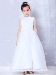 White Bateau Ankle-length Organza Beading Flower Girl Dress