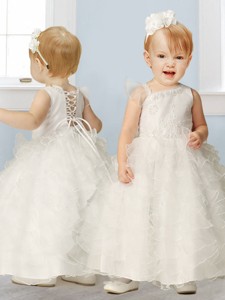 Sweet Asymmetrical Neckline Flower Girl Dress with Appliques and Ruffled Layers 