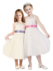 See Through Scoop Flower Girl Dress with Belt and Lace 