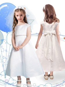 Modest Scoop Cap Sleeves Satin Flower Girl Dress with Sashes 