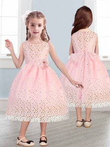 Beautiful Scoop Little Girl Pageant Dress with Hand Made Flowers and Sequins 