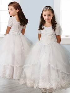 Best Square Short Sleeves White Flower Girl Dress with Beading and Appliques 