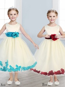 Sweet Scoop Flower Girl Dress with Hand Made Flowers and Appliques 