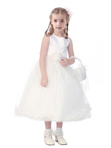 New Style Scoop Hand Made Flowers and Appliques Flower Girl Dress in White 
