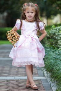 Baby Pink Scoop Tea-length Taffeta And Lace Bow Flower Girl Dress