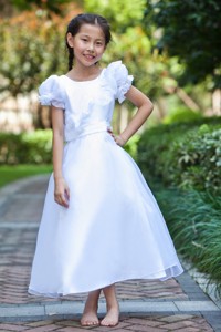 White Scoop Ankle-length Taffeta And Organza Hand Made Flowers Flower Girl Dress
