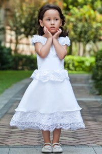White Scoop Ankle-length Taffeta And Lace Flower Girl Dress