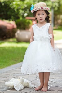 White Ball Gown V-neck Tea-length Taffeta and Organza Hand Made Flowers and Beading Flower Girl Dres