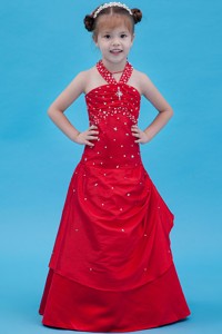 Red Halter Floor-length Taffeta Beading Flower Girl Dress
