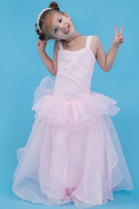 Baby Pink Straps Floor-length Organza Flower Girl Dress