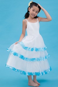 White Straps Ankle-length Organza Ruch Flower Girl Dress