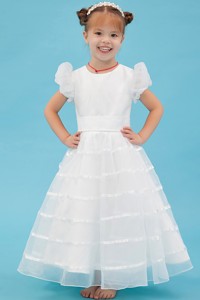 White Scoop Ankle-length Organza Belt Flower Girl Dress