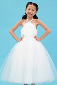 White Halter Ankle-length Tulle Appliques Flower Girl Dress