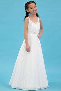 White Straps Floor-length Taffeta Ruch Flower Girl Dress