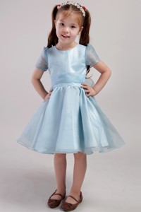 Blue Scoop Knee-length Organza Bowknot Little Girl Dress