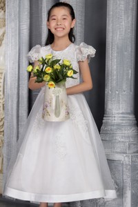 White Princess Scoop Ankel-length Organza Lace Flower Girl Dress