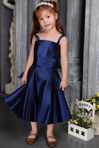 Navy Blue Princess Straps Tea-length Satin Bow Flower Girl Dress