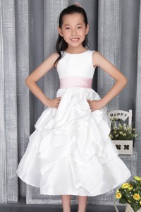 White Princess Scoop Ankle-length Taffeta Belt Flower Girl Dress