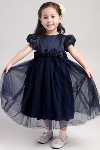 Navy Blue Princess Scoop Tea-length Taffeta And Organza Hand Made Flower Flower Girl Dress