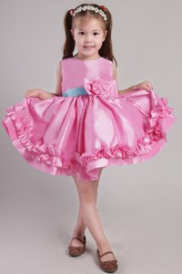 Rose Pink Princess Scoop Knee-length Taffeta Belt and Handle Made Flowers Little Girl Dress 