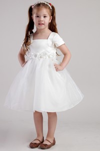 White Square Knee-length Organza Handle Made Flowers Little Girl Dress