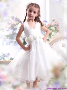 Cute Halter Top White Mini Length Flower Girl Dress with Hand Made Flower 