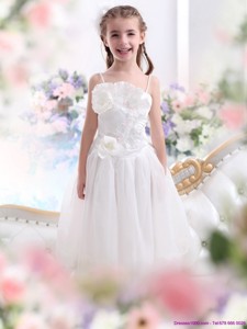 White Spaghetti Straps Little Girl Dress With Flowers And Ruffles