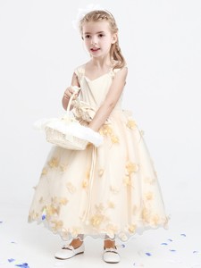 Lovely Applique and Bowknot Ankle Length Flower Girl Dress in Champagne 