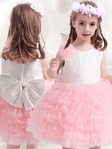Classical Bowknot and Ruffled Layers Flower Girl Dress in Pink and White 