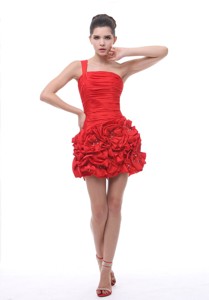 One Shoulder Hand Made Flowers With Beading Ruch Mini-length Red Nightclub Nightclub Wear