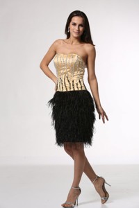 Column Champagne And Black Strapless Feather Beading Satin Nightclub Dress