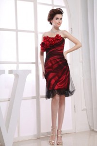 Strapless Column Tulle Hand Made Flowers Knee-length Red Nightclub Dress