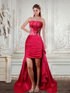 High Low Strapless Ruffled Coral Red Nightclub Dress With Hand Made Flower